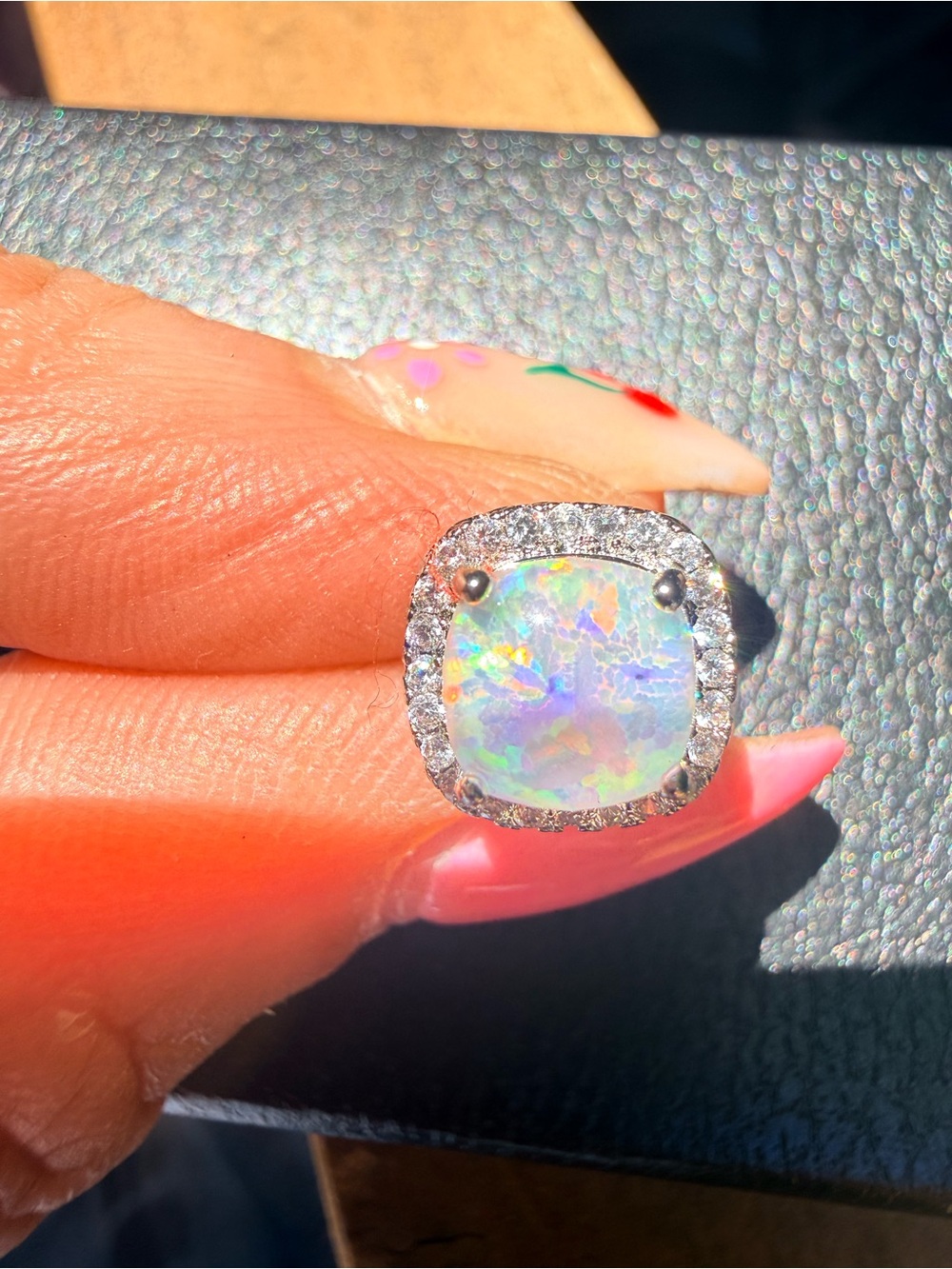 Opal Halo Stud Earrings in White Opal and Silver-Tone - Picture 2 of 5